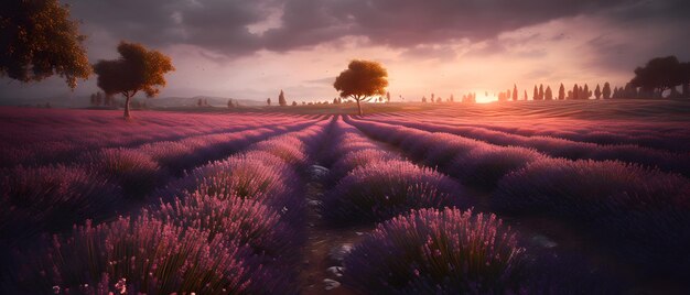 Una puesta de sol sobre un campo de lavanda con un árbol en primer plano