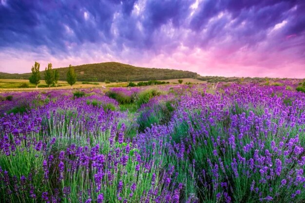 La puesta de sol sobre un campo de lavanda de verano en Tihany, Hungría