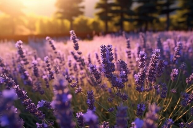 Puesta de sol sobre un campo de lavanda violeta Generado por IA