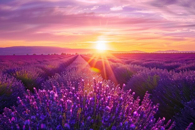 La puesta de sol sobre un campo de lavanda violeta Valensole campos de lavanda Provenza Francia