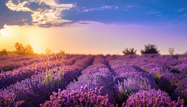 Puesta de sol sobre un campo de lavanda violeta