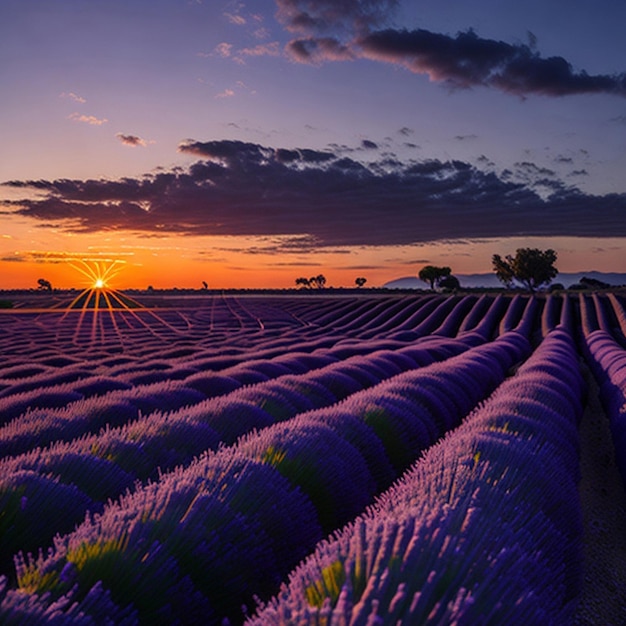 La puesta de sol sobre un campo de lavanda violeta