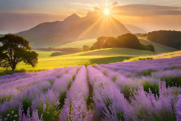 puesta de sol sobre un campo de lavanda