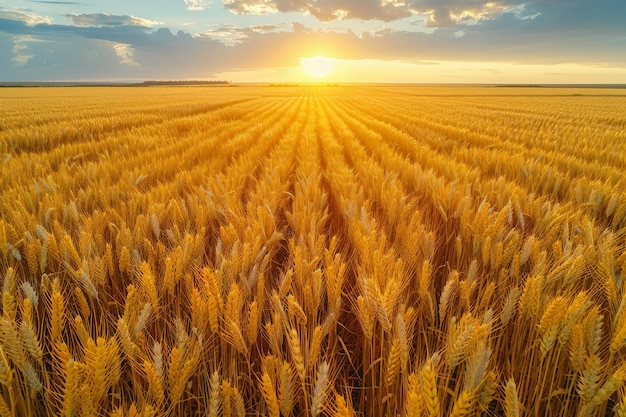 La puesta de sol sobre un campo de trigo dorado creando un brillo cálido