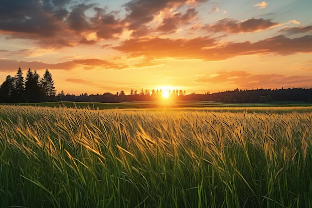 La puesta de sol sobre el campo de trigo verde El fondo de la naturaleza