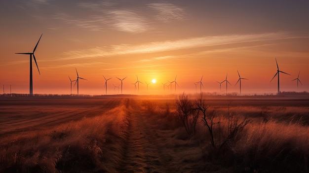 Una puesta de sol sobre un campo de turbinas eólicas