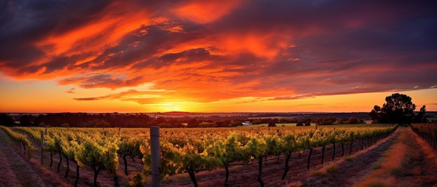 Foto una puesta de sol sobre un campo de viñas con una valla en primer plano