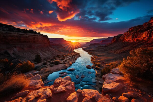Foto una puesta de sol sobre un cañón vibrante inspirador panorámico