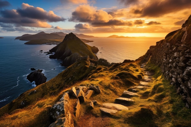 Foto la puesta de sol sobre el castillo de san juan en connemara, irlanda un punto de vista desde bray head en la isla de valentia en el anillo de kerry en la costa suroeste de irlanda durante un otoño generado por ia