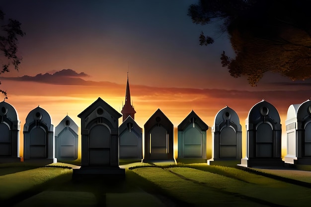 Una puesta de sol sobre un cementerio con una puesta de sol de fondo.