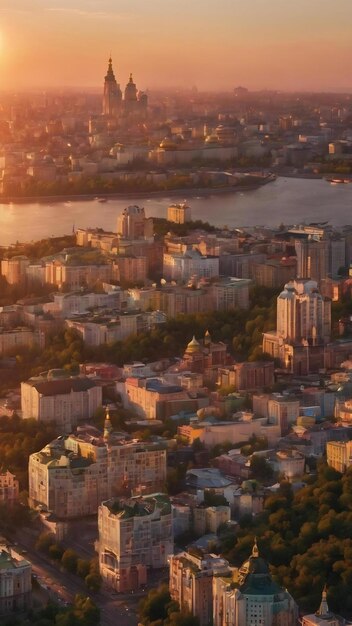 La puesta de sol sobre la ciudad de Kiev verano