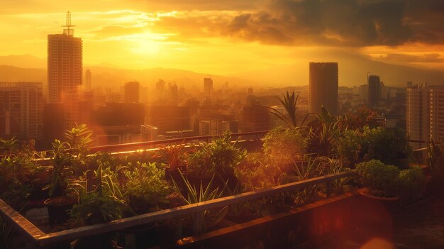 puesta de sol sobre una ciudad con un montón de plantas en el techo generativo ai