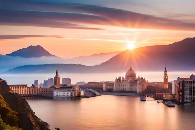 Una puesta de sol sobre una ciudad con vistas a la ciudad de verona.