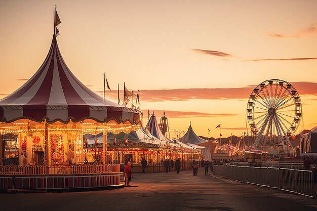 La puesta de sol sobre un colorido carnaval o feria