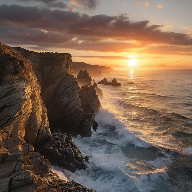 Foto la puesta de sol sobre la costa las olas se rompen en los acantilados rocosos