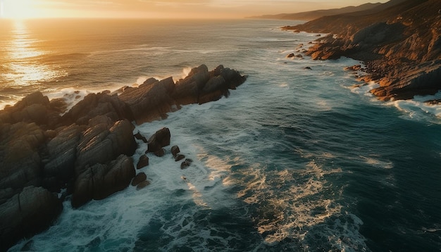 Puesta de sol sobre la costa rocosa, las olas chocan debajo generadas por IA