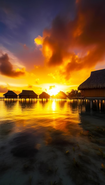 Puesta de sol sobre un cuerpo de agua con casas a lo lejos y nubes en el cielo IA generativa