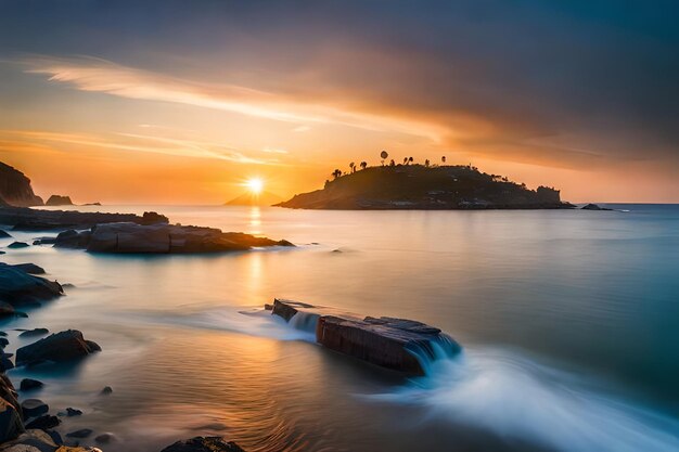 Foto una puesta de sol está sobre un cuerpo de agua y una montaña con palmeras