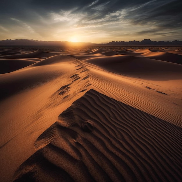 Una puesta de sol sobre el desierto con dunas de arena y un cielo nublado