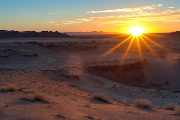 La puesta de sol sobre el desierto de gobi proyecta un brillo cálido y vibrante creado con ai generativo