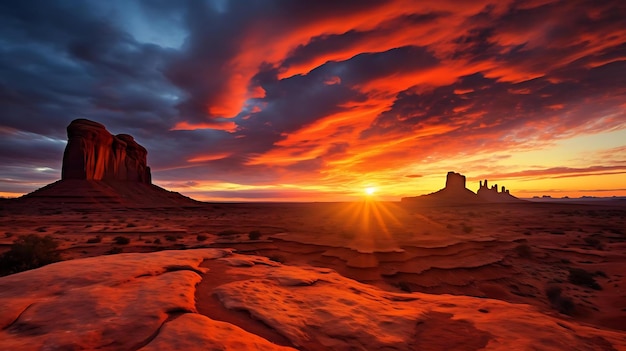 Puesta de sol sobre el desierto con rocas rojas y cielo rojo