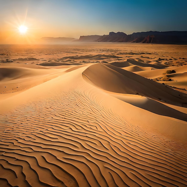 Una puesta de sol sobre una duna de arena con una montaña al fondo.