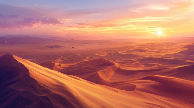 La puesta de sol sobre las dunas de arena en un majestuoso desierto resplandeciente