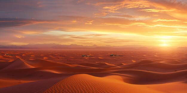 La puesta de sol sobre las dunas de arena en un majestuoso desierto resplandeciente