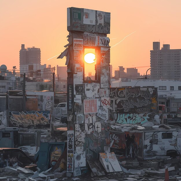 Foto la puesta de sol sobre el graffiti urbano la profundidad emocional en los escombros