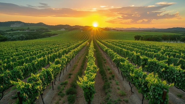 La puesta de sol sobre un gran viñedo