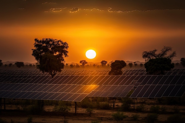 Puesta de sol sobre una granja de energía solar