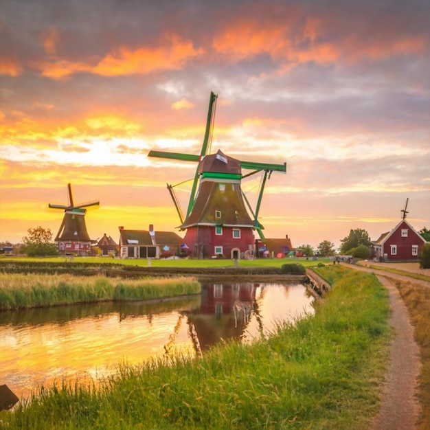 Foto la puesta de sol sobre las granjas y los molinos de viento de zaanse