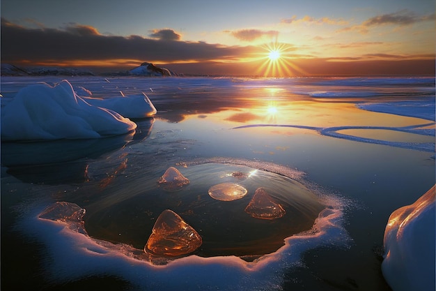 Una puesta de sol sobre el hielo con el sol poniéndose detrás