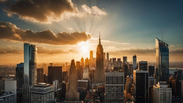 Foto la puesta de sol sobre el horizonte de una ciudad bulliciosa con un paseo marítimo