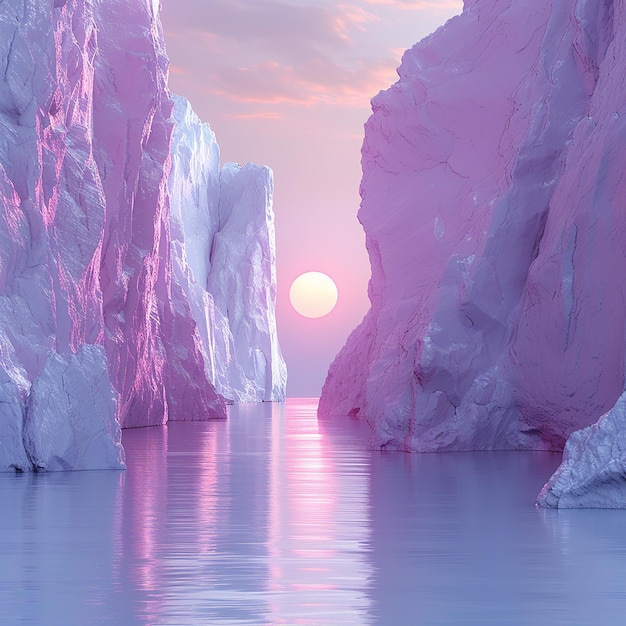 una puesta de sol sobre los icebergs en el agua