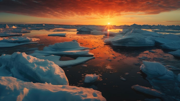 Una puesta de sol sobre icebergs con la puesta de sol detrás de ellos