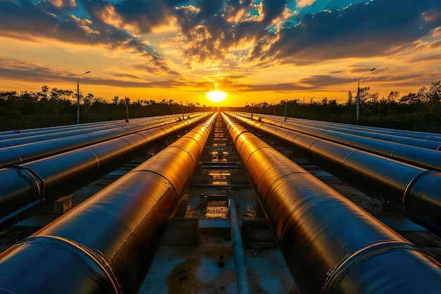 La puesta de sol sobre la infraestructura de tuberías industriales