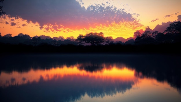 Una puesta de sol sobre un lago con un árbol en primer plano y el cielo al fondo.