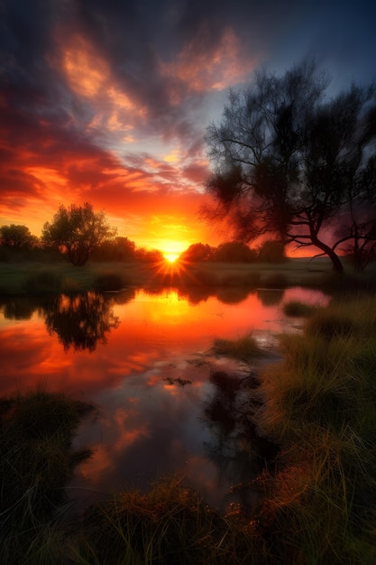 Una puesta de sol sobre un lago con un árbol en primer plano