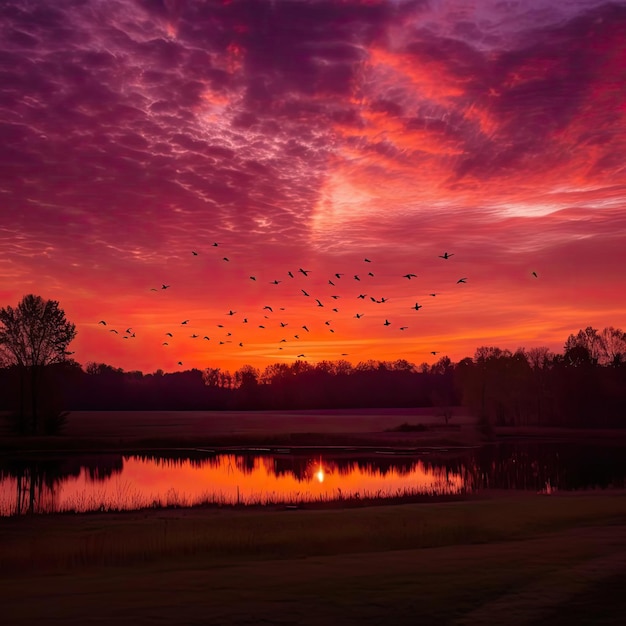 Puesta de sol sobre un lago con una bandada de pájaros volando en el cielo