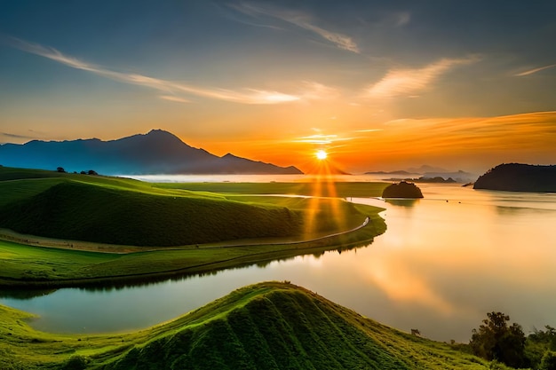 Una puesta de sol sobre un lago con un campo verde y montañas al fondo