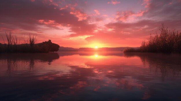 Una puesta de sol sobre un lago con un castillo al fondo