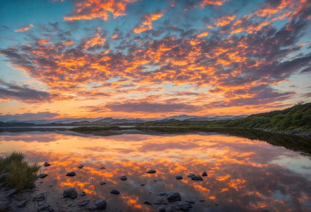 Una puesta de sol sobre un lago con un cielo nublado y el cielo se refleja en el agua.