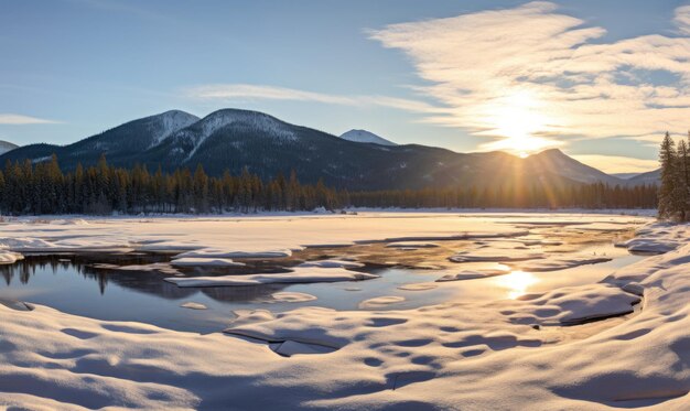 Foto la puesta de sol sobre el lago congelado de las montañas rocosas