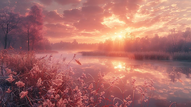 una puesta de sol sobre un lago con flores rosadas y el sol brillando a través de las nubes