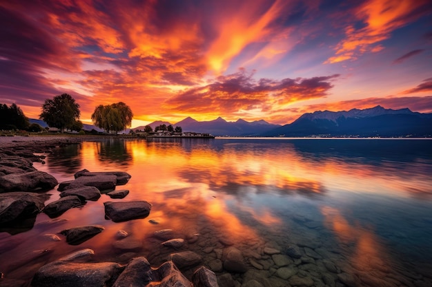 Puesta de sol sobre el lago Lucerna Suiza Exposición larga Puesta de sol brillante sobre el lago Ginebra Suiza nubes doradas se reflejan en el agua Generado por IA