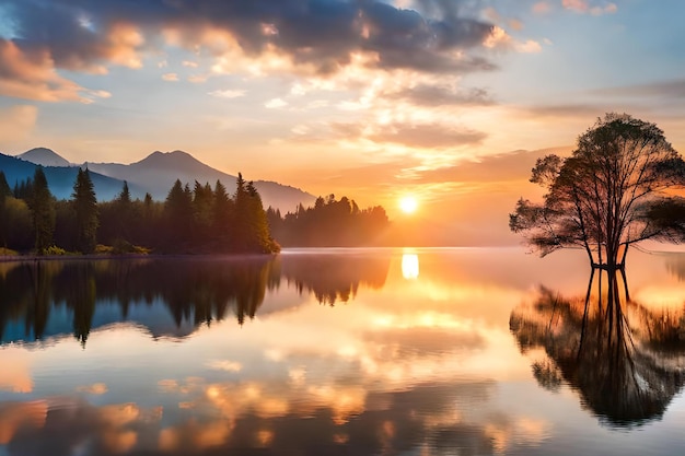 Una puesta de sol sobre un lago con una montaña al fondo