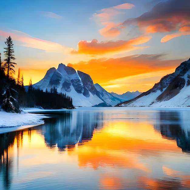 Una puesta de sol sobre un lago de montaña con una montaña al fondo.