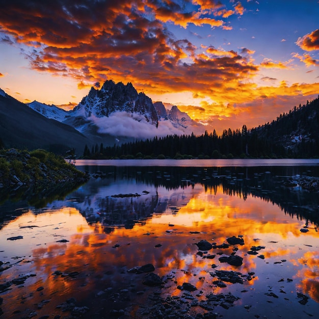 Una puesta de sol sobre un lago de montaña con montañas al fondo