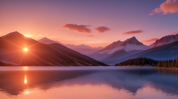Una puesta de sol sobre un lago de montaña con montañas al fondo